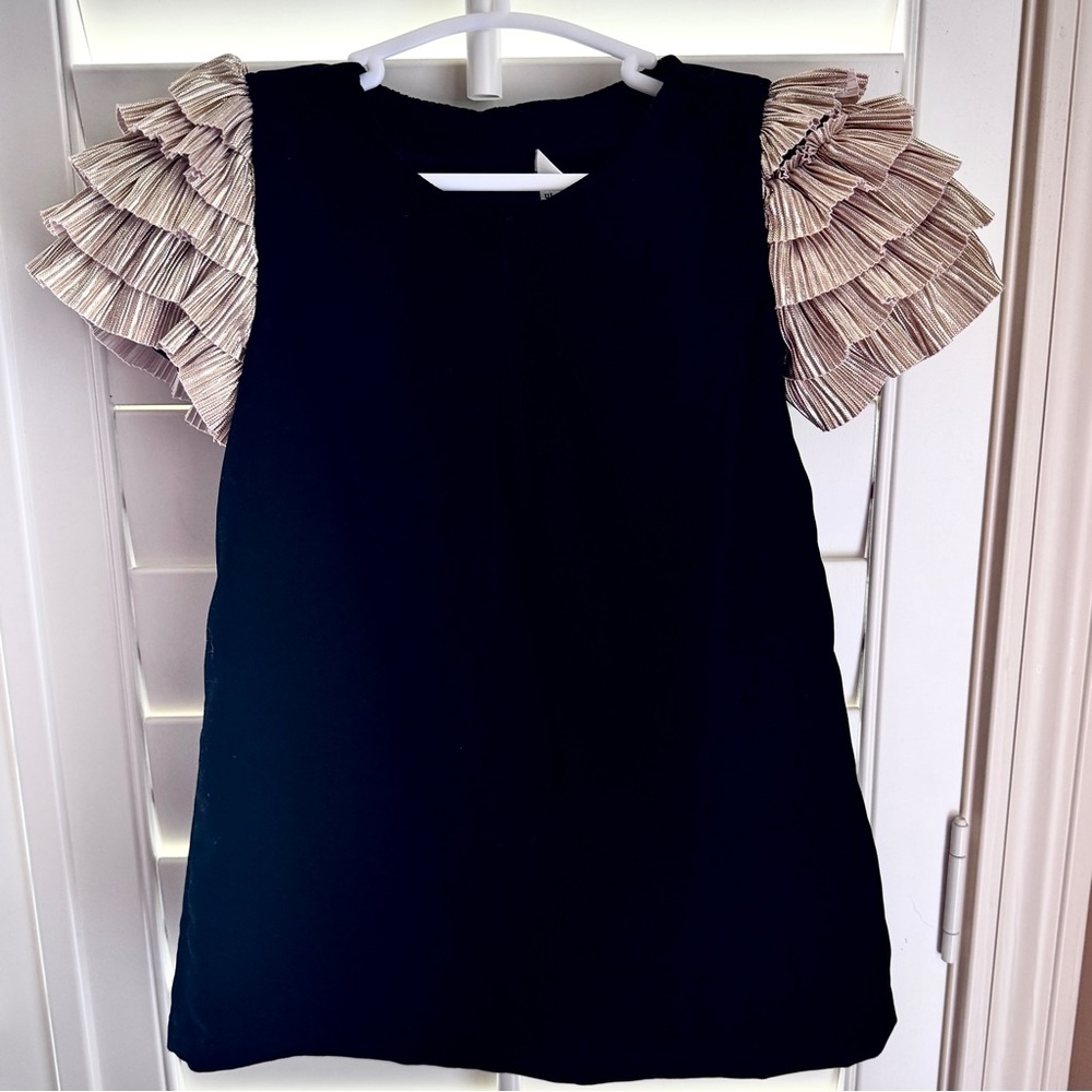 Velvet Gold Ruffle Sleeve Dress Black Metallic Pleated Holiday Party Shift